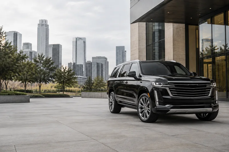 Black executive SUV outside contemporary city architecture