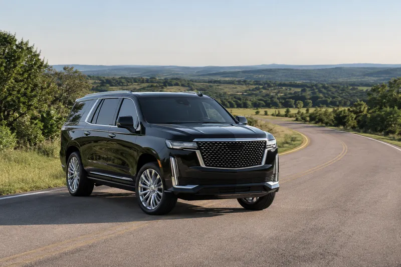 Black SUV on a quiet road surrounded by open countryside